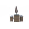 Six Piece Brown and Gray Faux Wicker Outdoor Bar Height Table Set with Umbrella and Stools