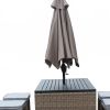 Six Piece Brown and Gray Faux Wicker Outdoor Bar Height Table Set with Umbrella and Stools