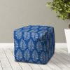 17" Blue and White Polyester Cube Floral Outdoor Pouf Ottoman