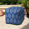 17" Blue and White Polyester Cube Floral Outdoor Pouf Ottoman