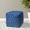 17" Blue and White Polyester Cube Damask Outdoor Pouf Ottoman