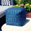 17" Blue and White Polyester Cube Damask Outdoor Pouf Ottoman