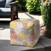 17" Yellow Gray and White Polyester Cube Floral Outdoor Pouf Ottoman