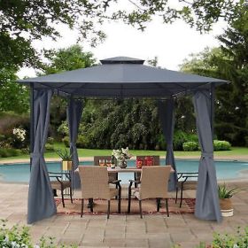 10x10 Ft Outdoor Patio Garden Gazebo Tent, Shading, Canopy With Curtains,Gray